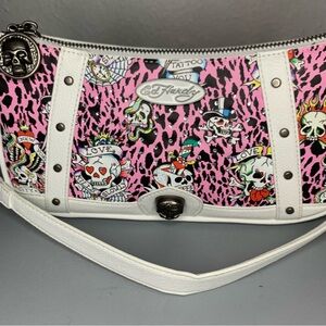 Ed Hardy Pink Tattoo Skull Print Wristlet with White Trim